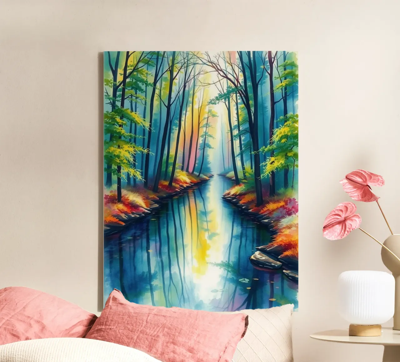 Serene Forest Stream: A Vibrant and Luminous Journey canvas with Floater frame by Artistic-shop