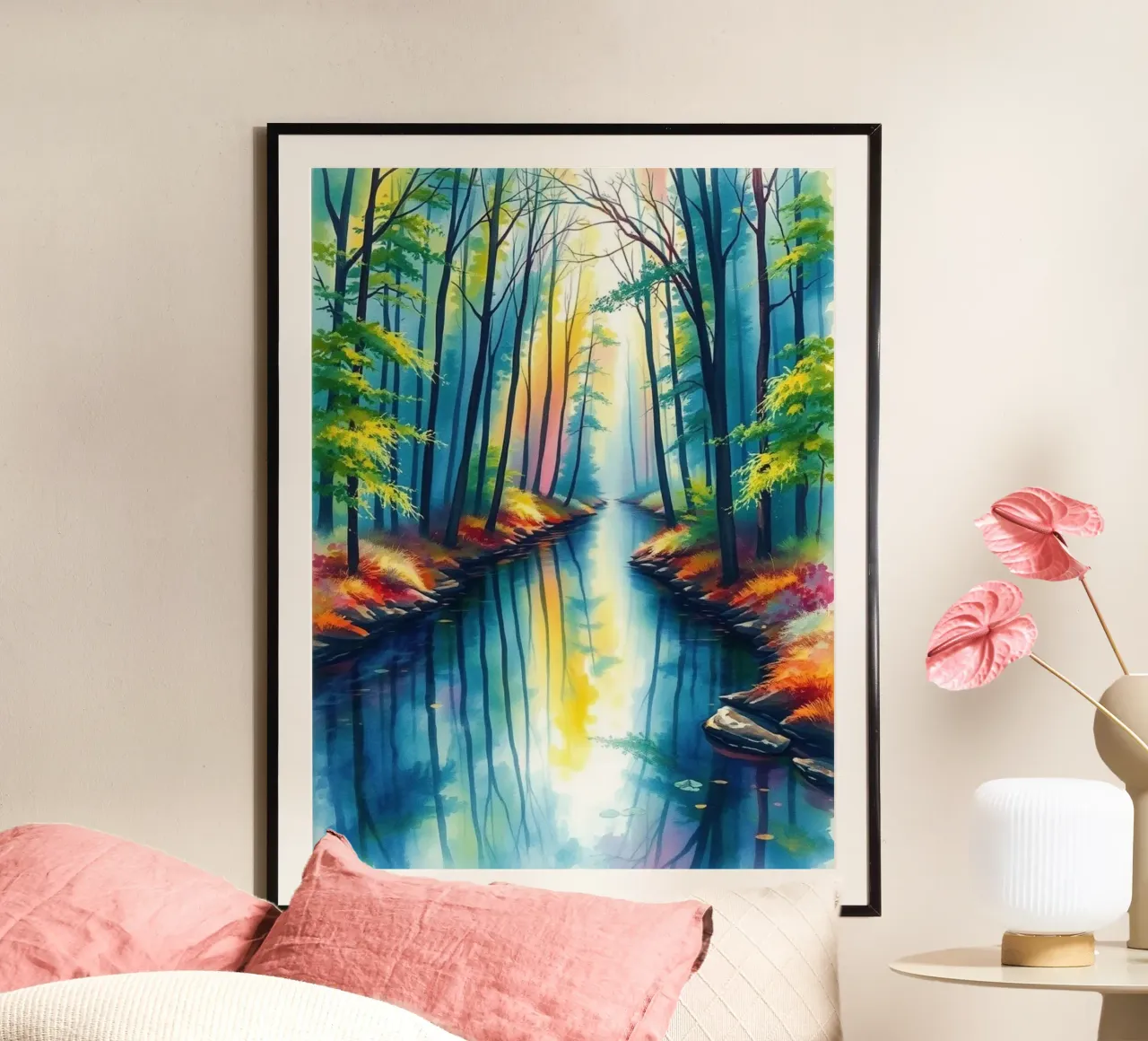 Serene Forest Stream: A Vibrant and Luminous Journey poster by Artistic-shop