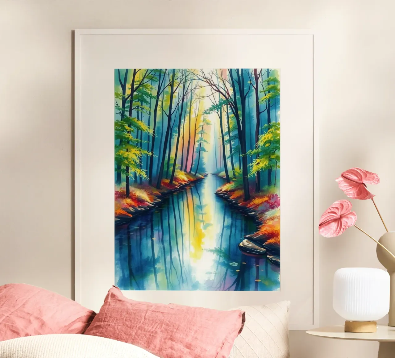 Serene Forest Stream: A Vibrant and Luminous Journey poster by Artistic-shop