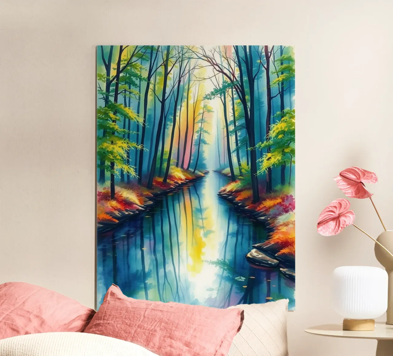 Serene Forest Stream: A Vibrant and Luminous Journey poster by Artistic-shop