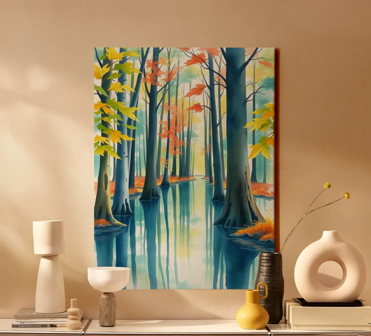 Riflessi dell'abbraccio dell'autunno: Un viaggio sereno attraverso tela con Cornice a cassetta da Artistic-shop