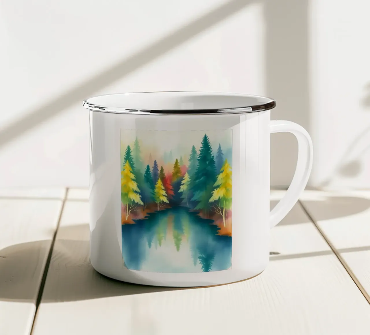 Pini sussurranti sul lago baciato dalla nebbia tazza in smalto da Artistic-shop