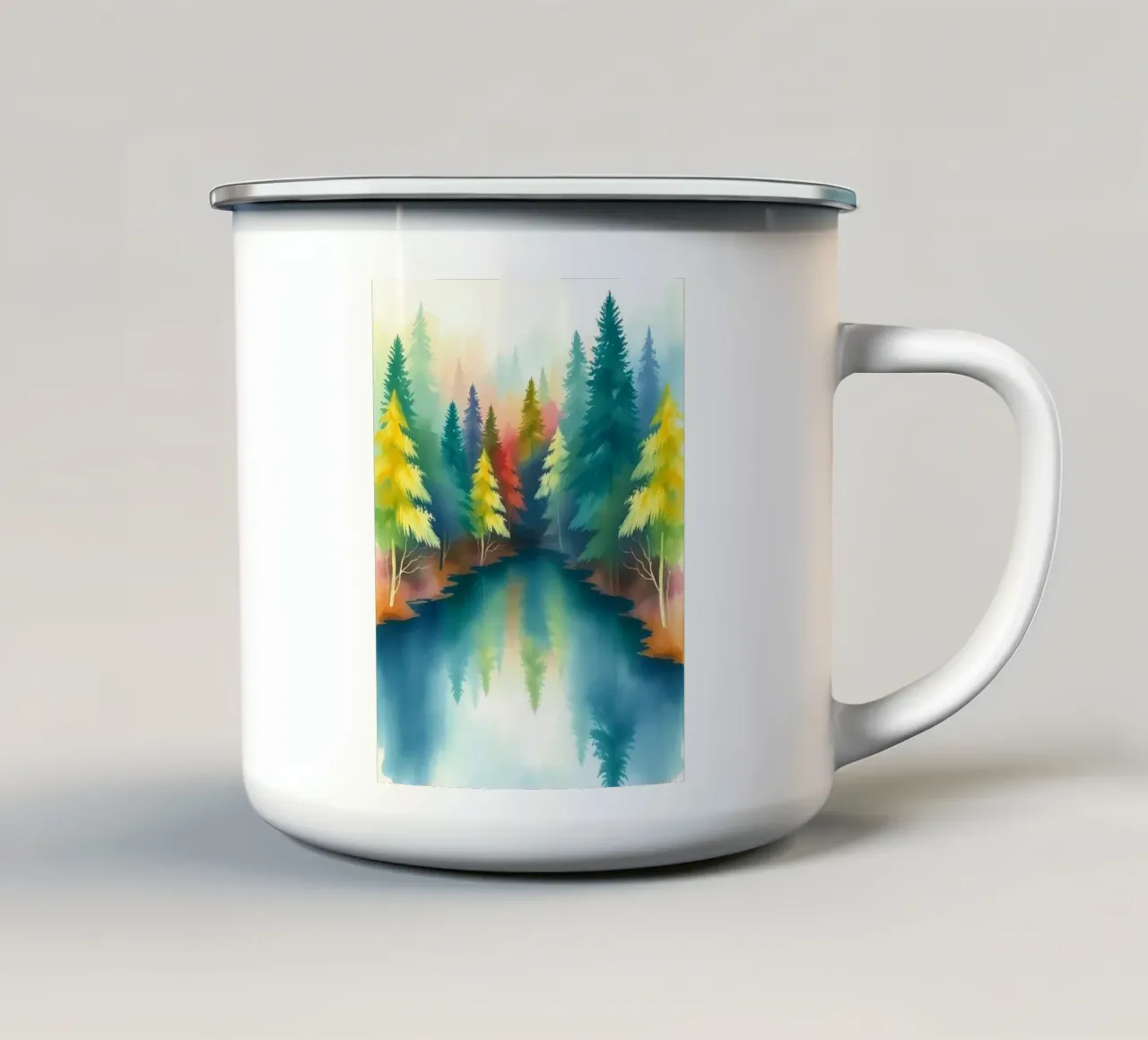 Pini sussurranti sul lago baciato dalla nebbia tazza in smalto da Artistic-shop