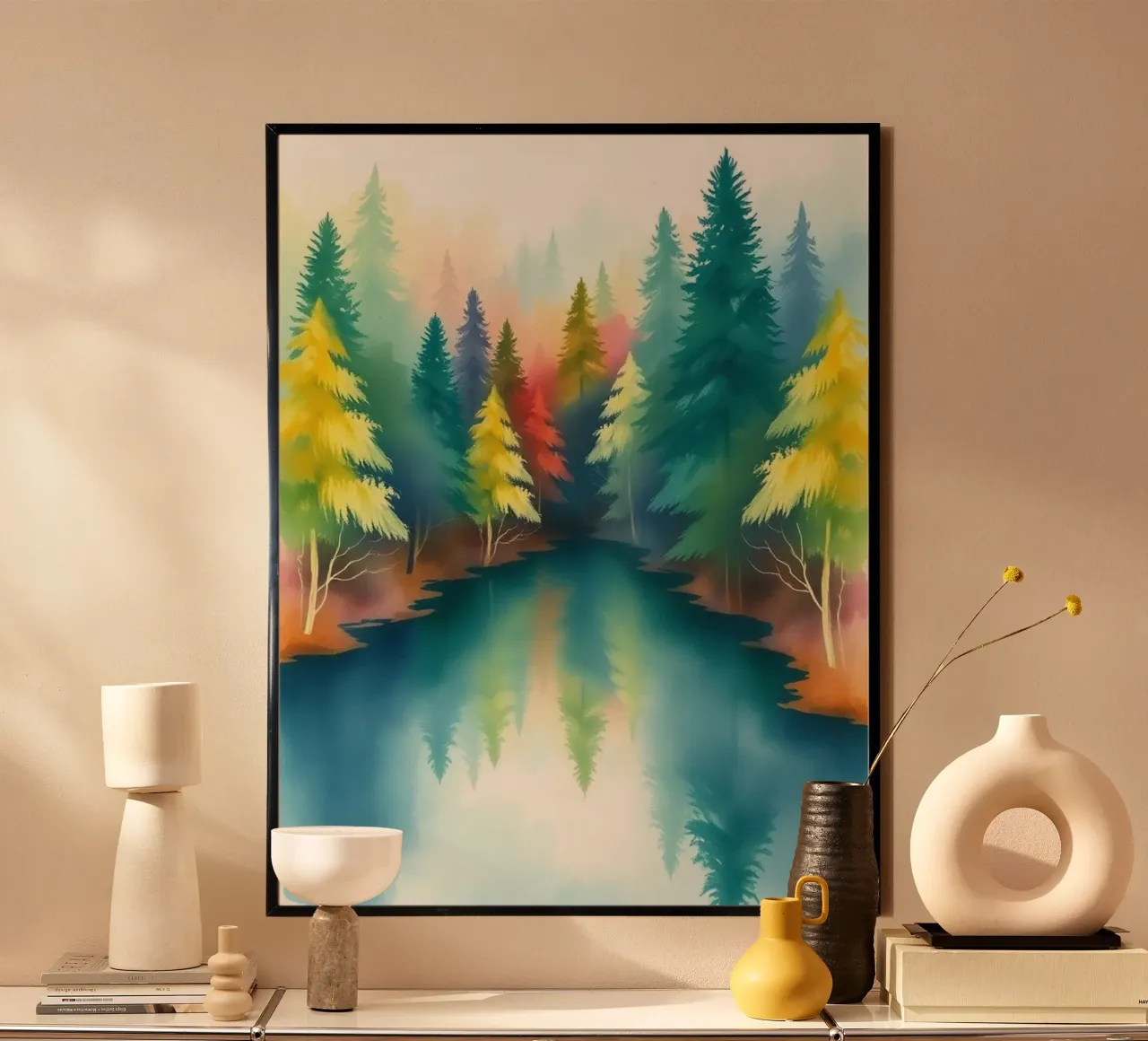 Pini sussurranti sul lago baciato dalla nebbia poster con telaio in plastica da Artistic-shop
