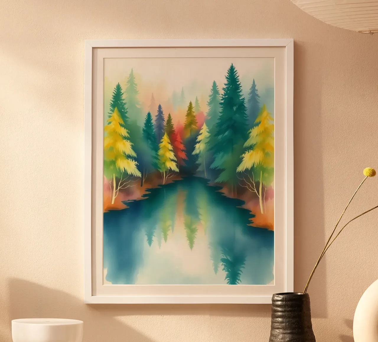 Pini sussurranti sul lago baciato dalla nebbia poster con telaio in plastica da Artistic-shop