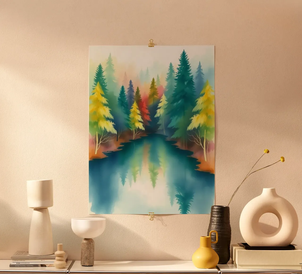 Pini sussurranti sul lago baciato dalla nebbia poster con telaio in plastica da Artistic-shop