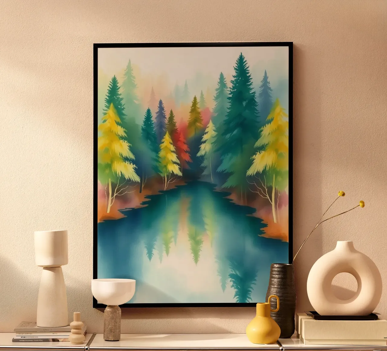 Pini sussurranti sul lago baciato dalla nebbia poster con telaio in plastica da Artistic-shop