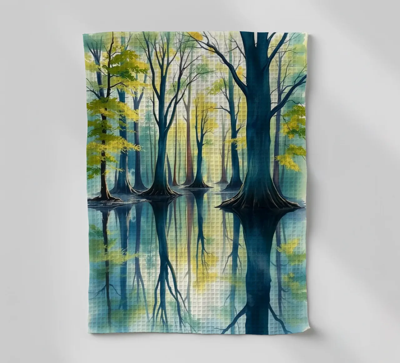 Reflet d'automne enchanté : Une aquarelle sereine de la forêt Lan torchon de Artistic-shop