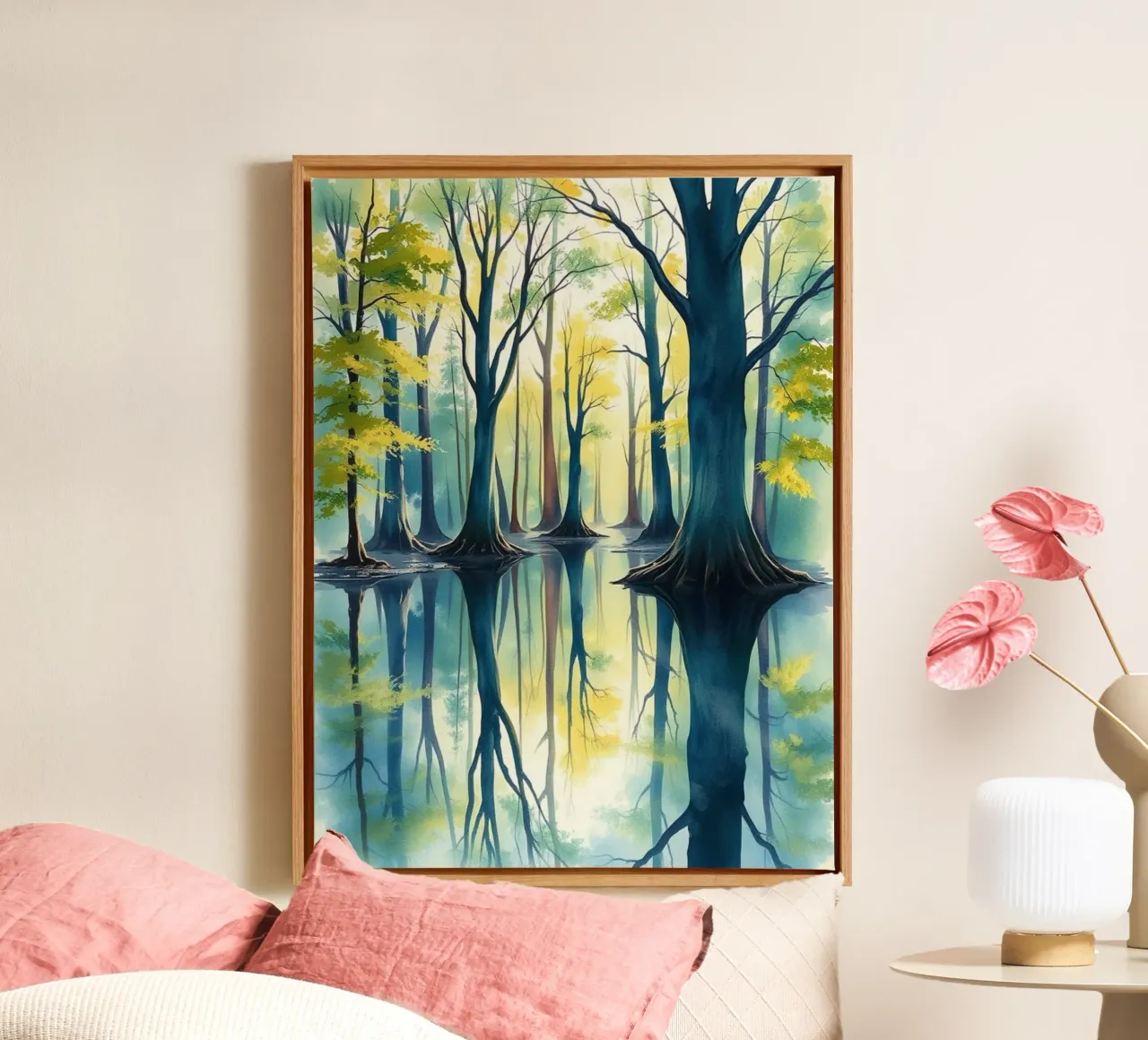 Riflesso d'autunno incantato: Una serena foresta acquerellata Lan tela con Cornice a cassetta da Artistic-shop