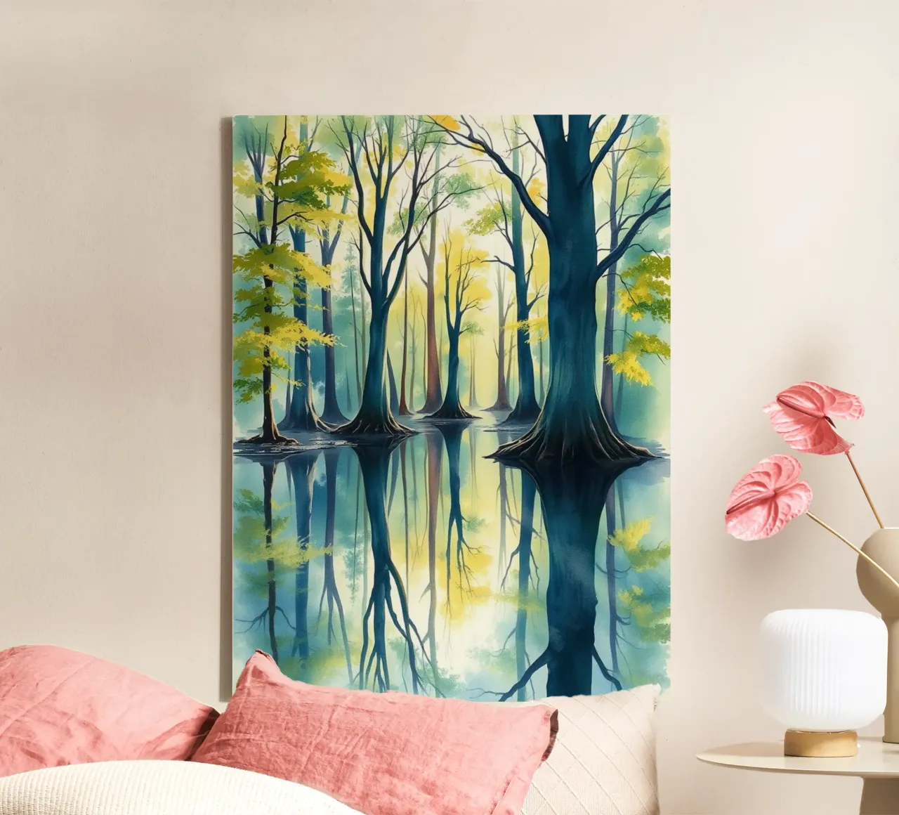 Riflesso d'autunno incantato: Una serena foresta acquerellata Lan tela con Cornice a cassetta da Artistic-shop