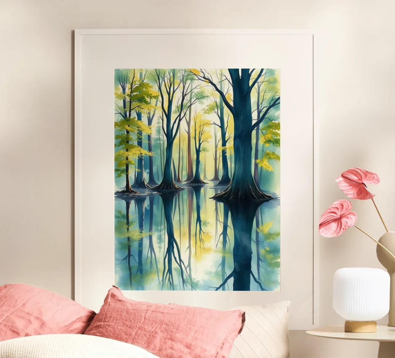 Riflesso d'autunno incantato: Una serena foresta acquerellata Lan poster con telaio in alluminio da Artistic-shop