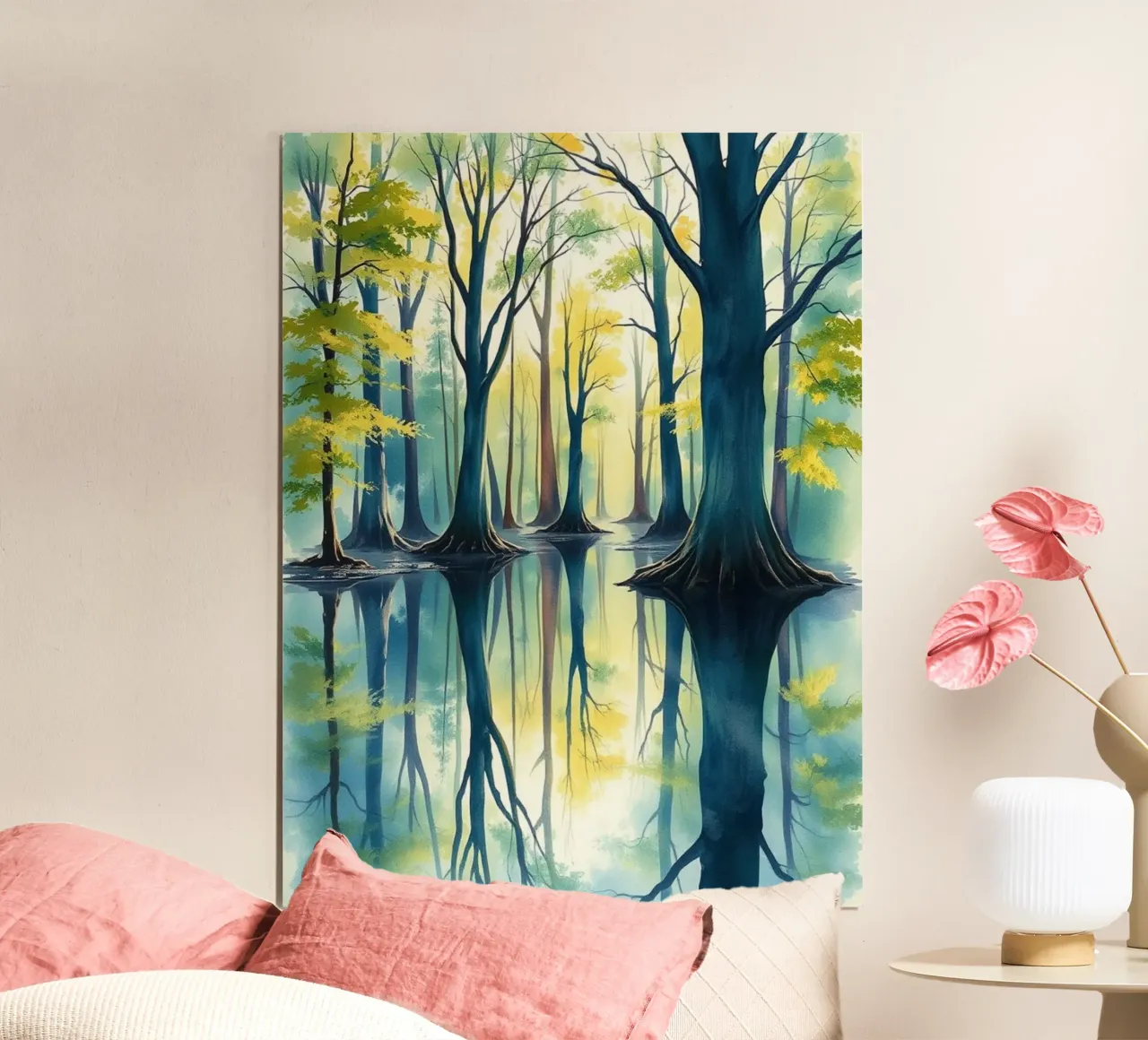 Riflesso d'autunno incantato: Una serena foresta acquerellata Lan poster con telaio in alluminio da Artistic-shop