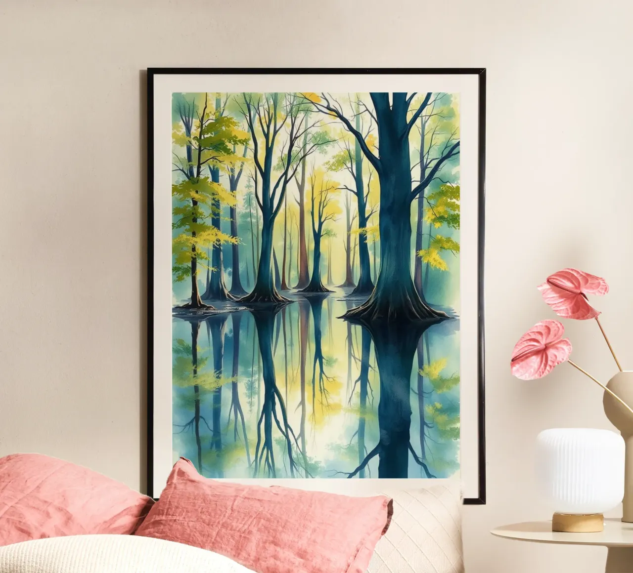 Riflesso d'autunno incantato: Una serena foresta acquerellata Lan poster con telaio in alluminio da Artistic-shop