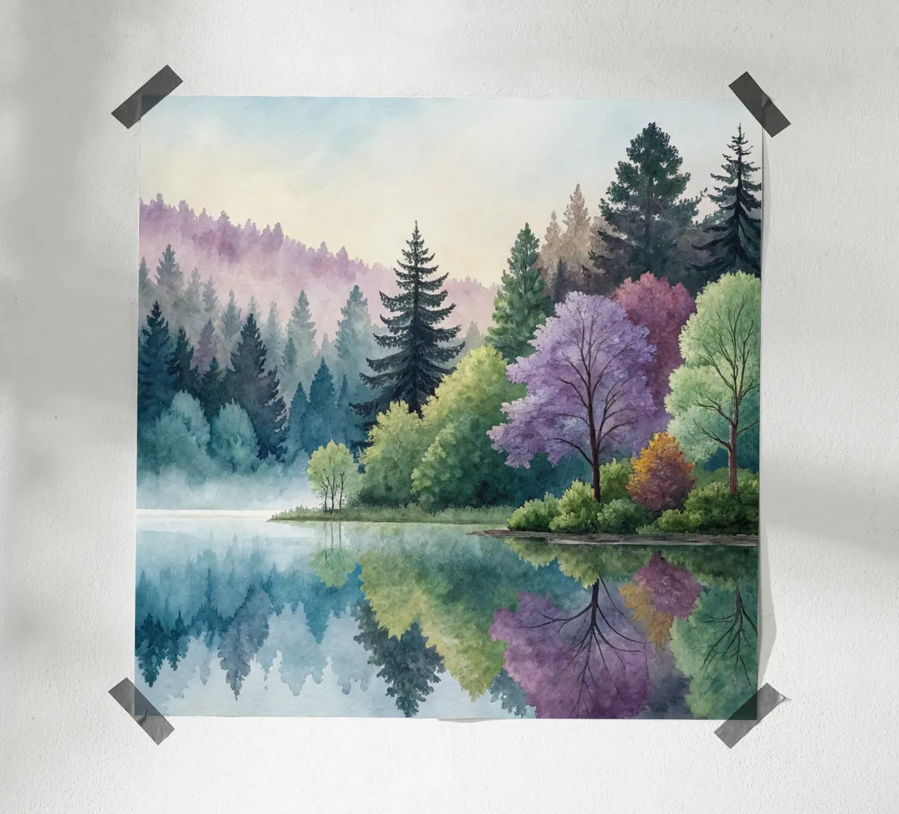 Foresta lacustre incantata: Un paesaggio da sogno ad acquerello poster con telaio in legno da Artistic-shop