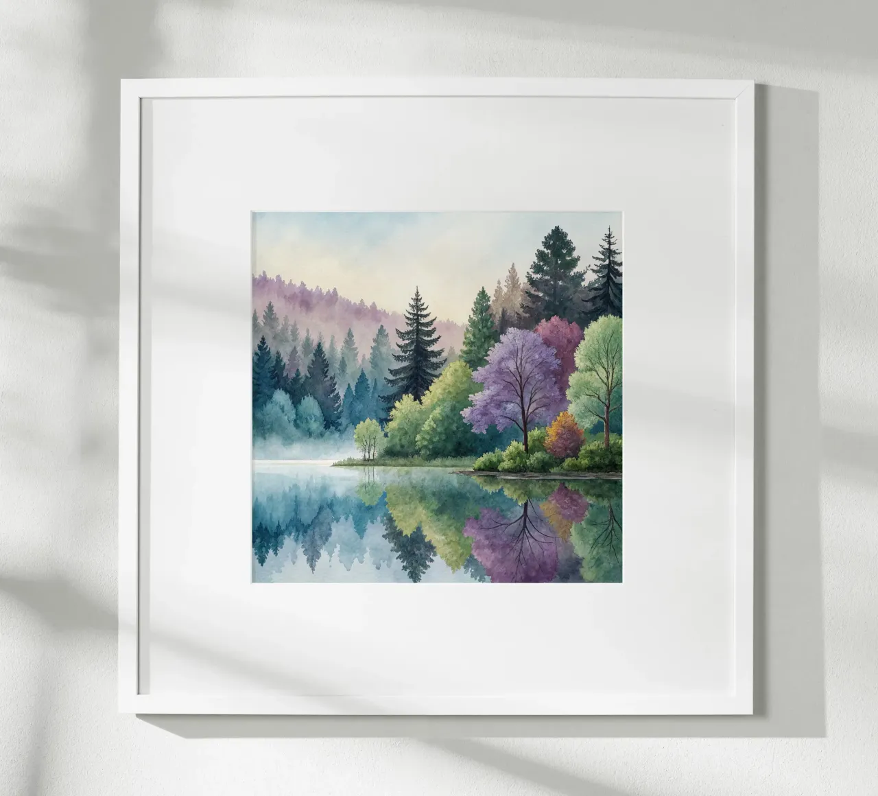 Foresta lacustre incantata: Un paesaggio da sogno ad acquerello poster con telaio in legno da Artistic-shop