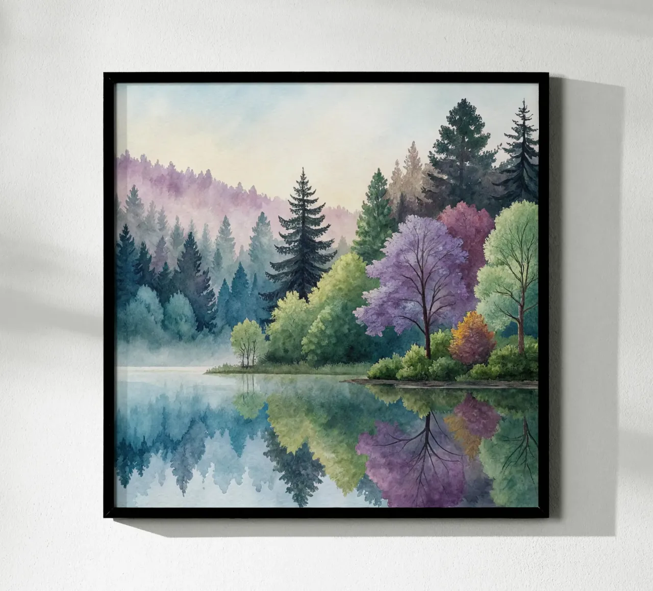 Foresta lacustre incantata: Un paesaggio da sogno ad acquerello poster con telaio in legno da Artistic-shop