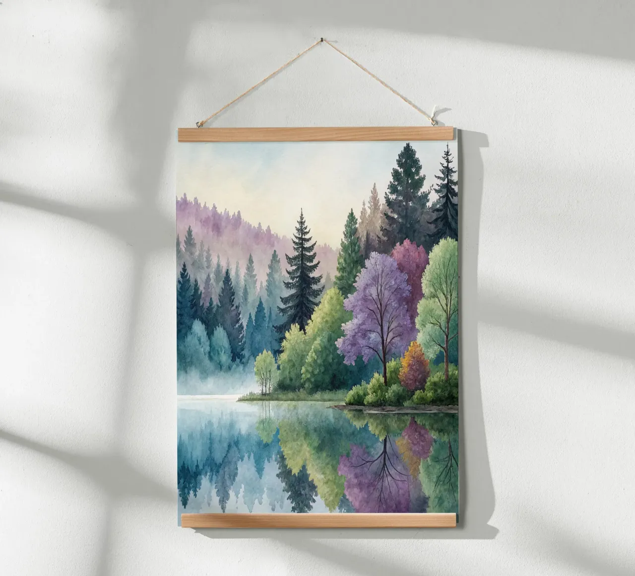 Foresta lacustre incantata: Un paesaggio da sogno ad acquerello poster con telaio in legno da Artistic-shop