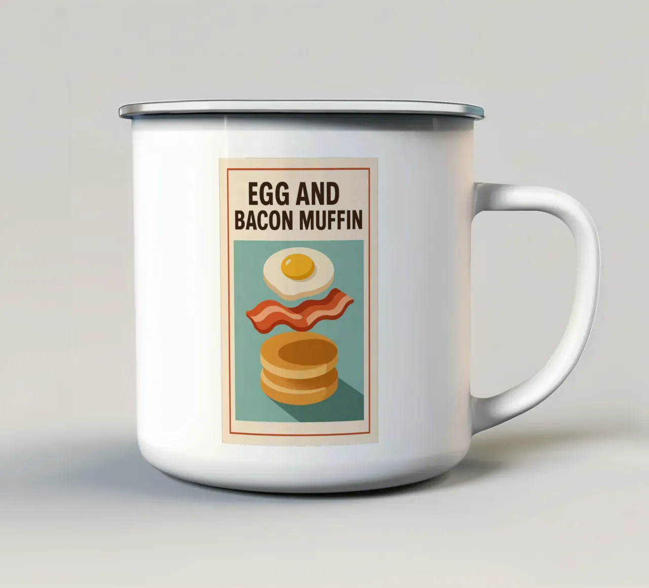 Egg and Bacon Muffin - Breakfast retro style enamel mug by Boissons - Affiches & posters - Retro