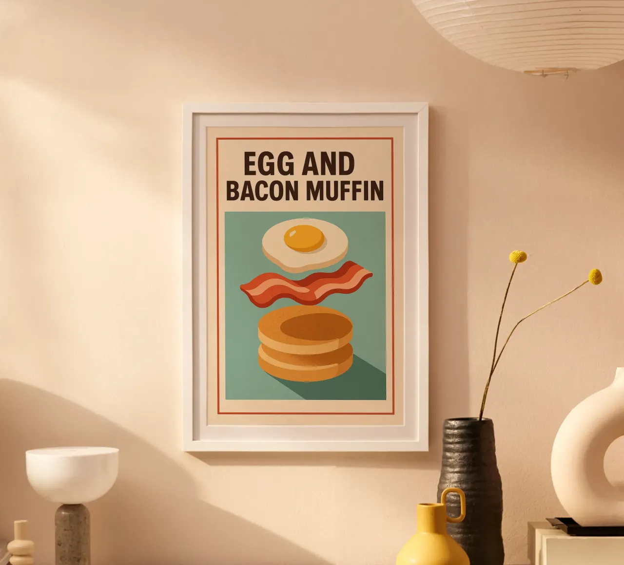 Egg and Bacon Muffin - Breakfast retro style poster with aluminum frame by Boissons - Affiches & posters - Retro