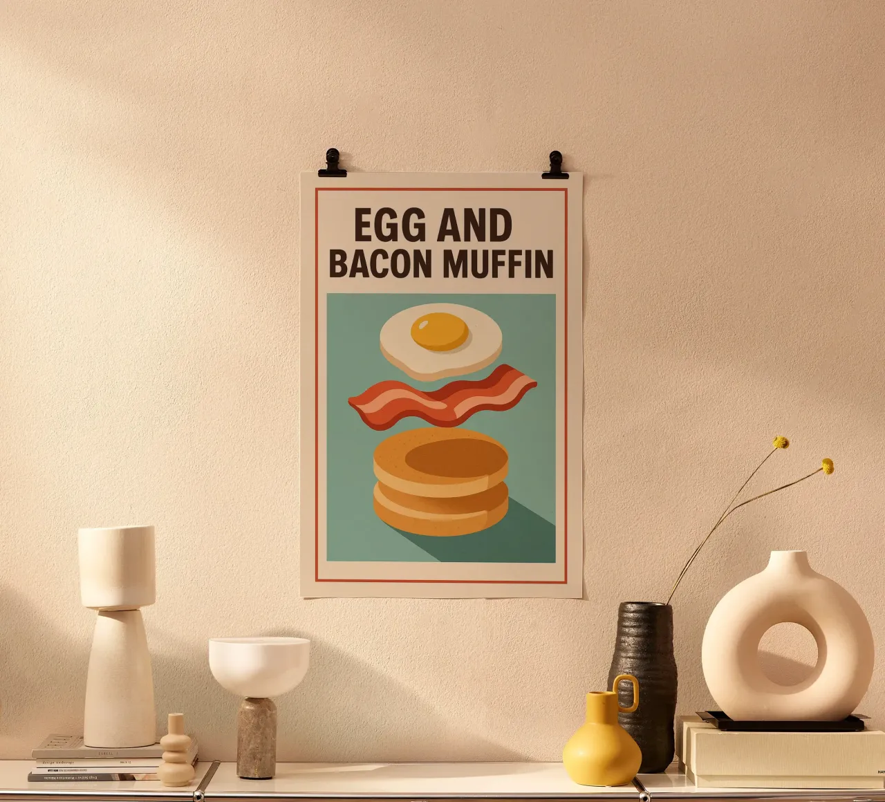 Egg and Bacon Muffin - Breakfast retro style poster with aluminum frame by Boissons - Affiches & posters - Retro