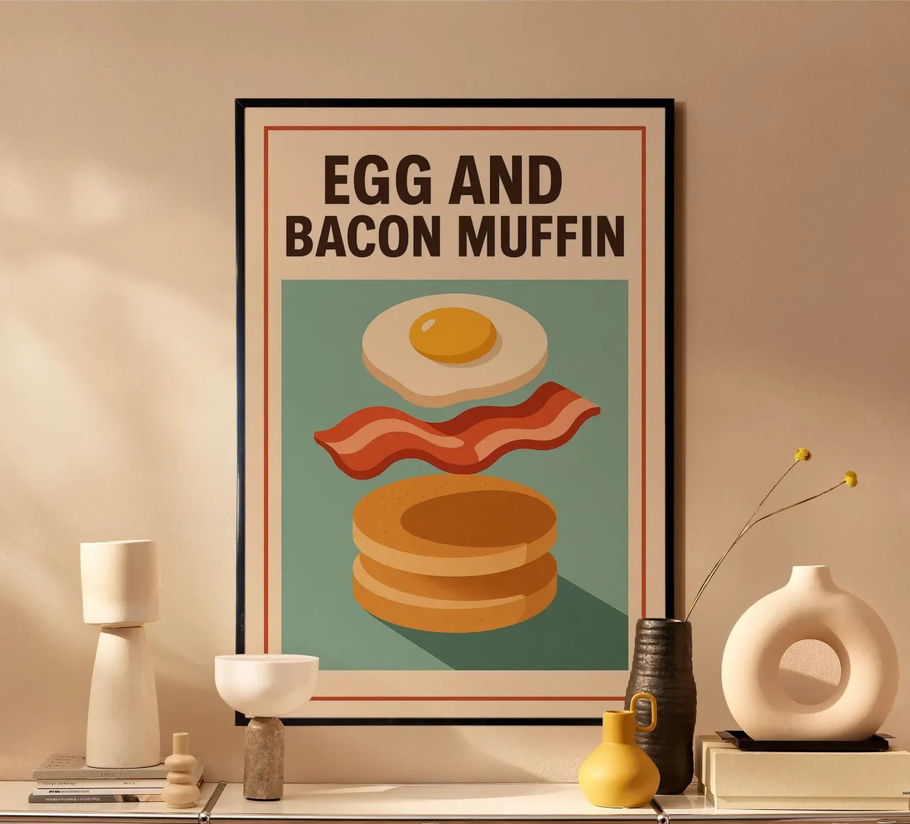 Egg and Bacon Muffin - Breakfast retro style poster with aluminum frame by Boissons - Affiches & posters - Retro