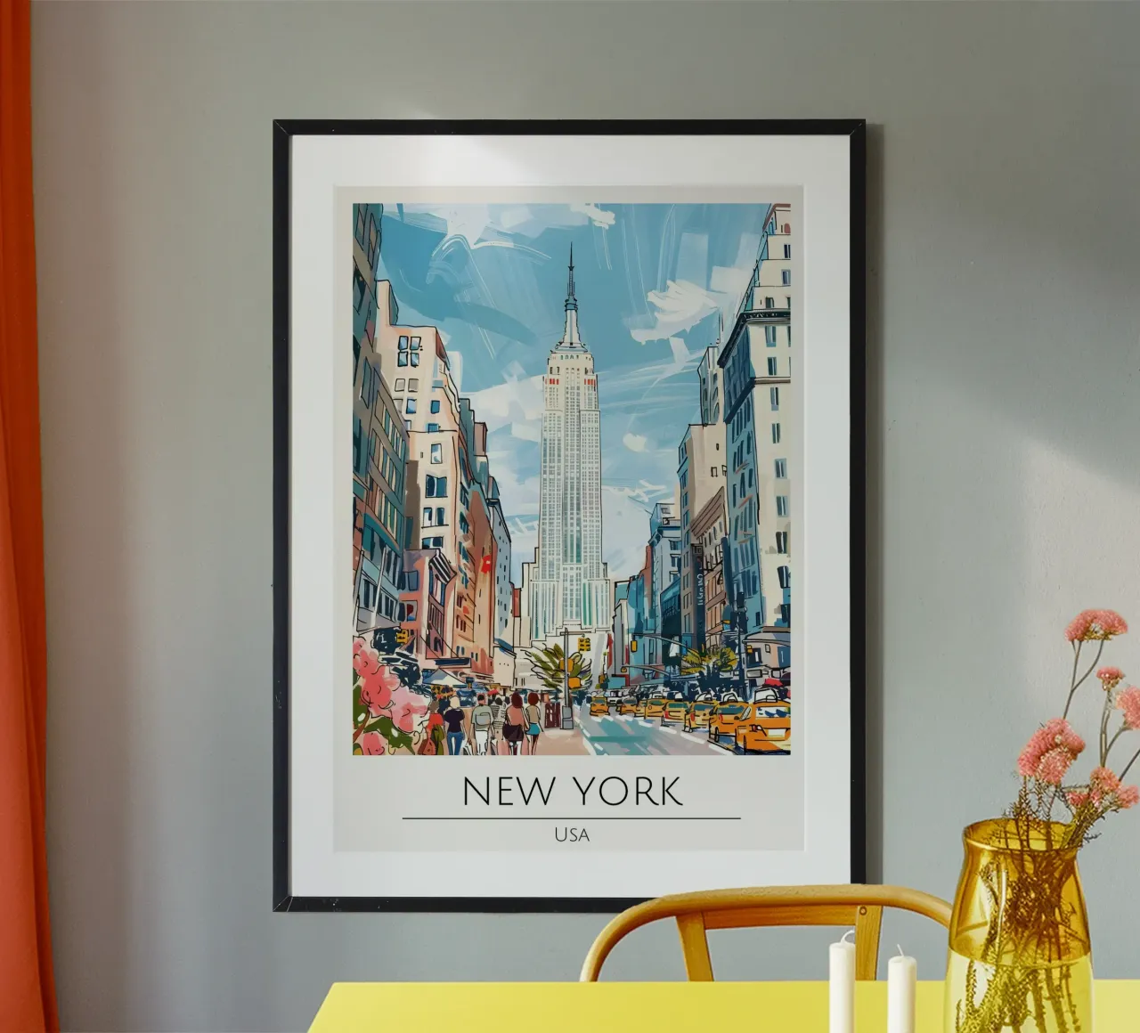 Paisaje urbano pop art del Empire State Building de Nueva York poster con marco de madera de homdeco