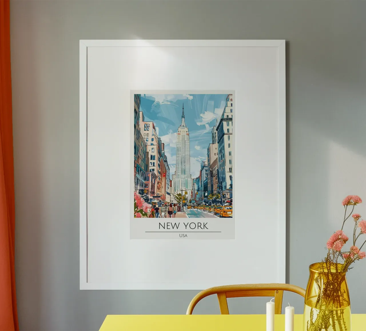 Paisaje urbano pop art del Empire State Building de Nueva York poster con marco de madera de homdeco
