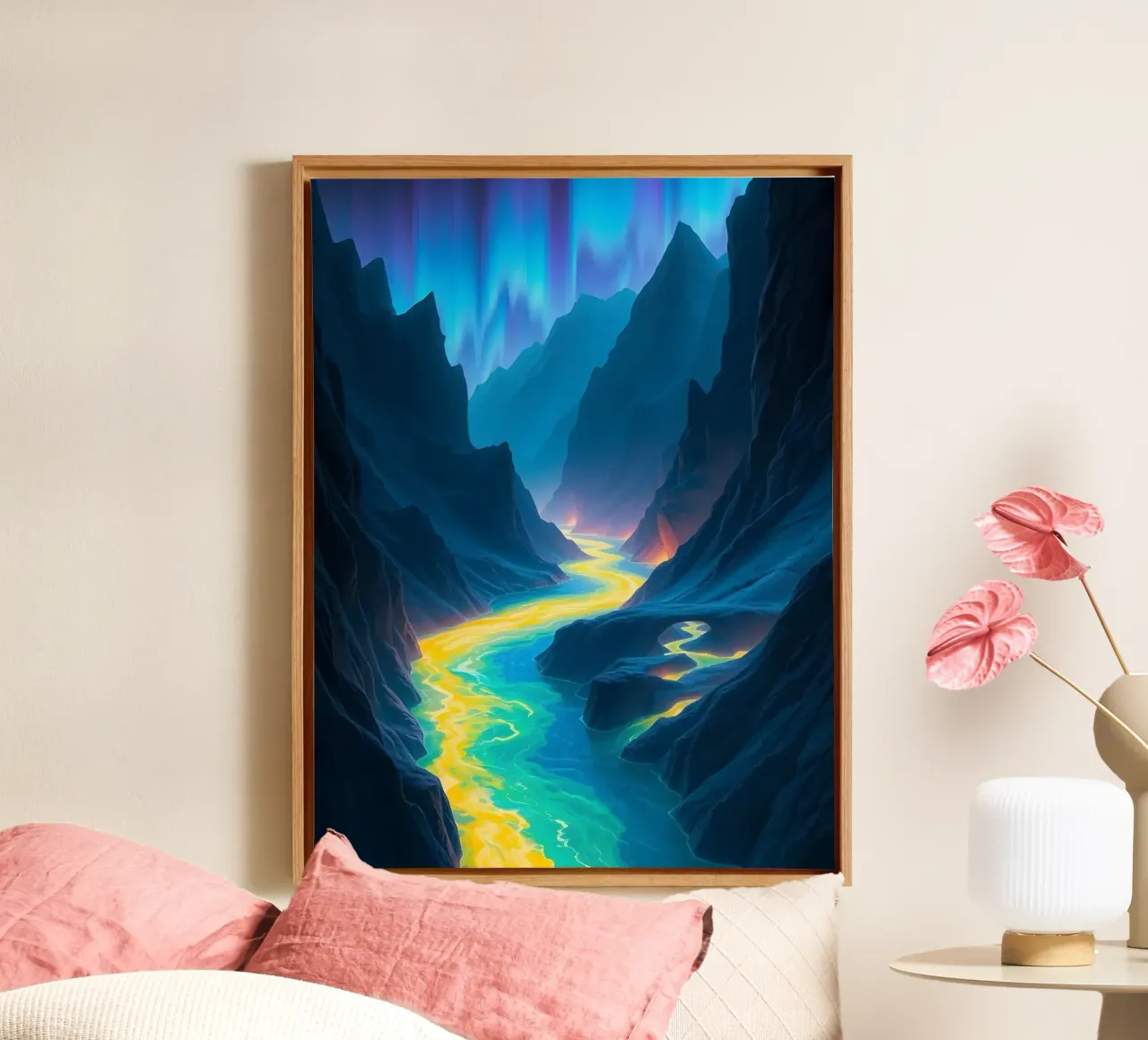 Ethereal Aurora Canyon: A Luminous River Winding Through Maj canvas with Floater frame by Artistic-shop