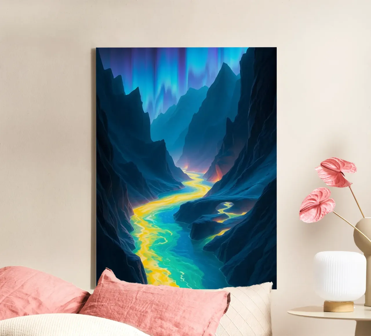 Ethereal Aurora Canyon: A Luminous River Winding Through Maj canvas with Floater frame by Artistic-shop