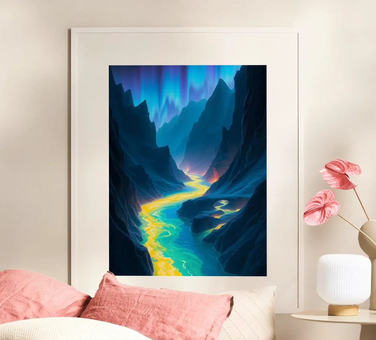 L'etereo Canyon dell'Aurora: Un fiume luminoso che si snoda attraverso Maj poster con telaio in plastica da Artistic-shop
