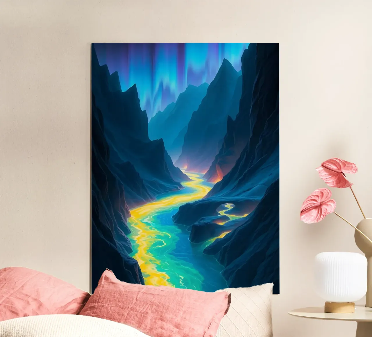 L'etereo Canyon dell'Aurora: Un fiume luminoso che si snoda attraverso Maj poster con telaio in plastica da Artistic-shop