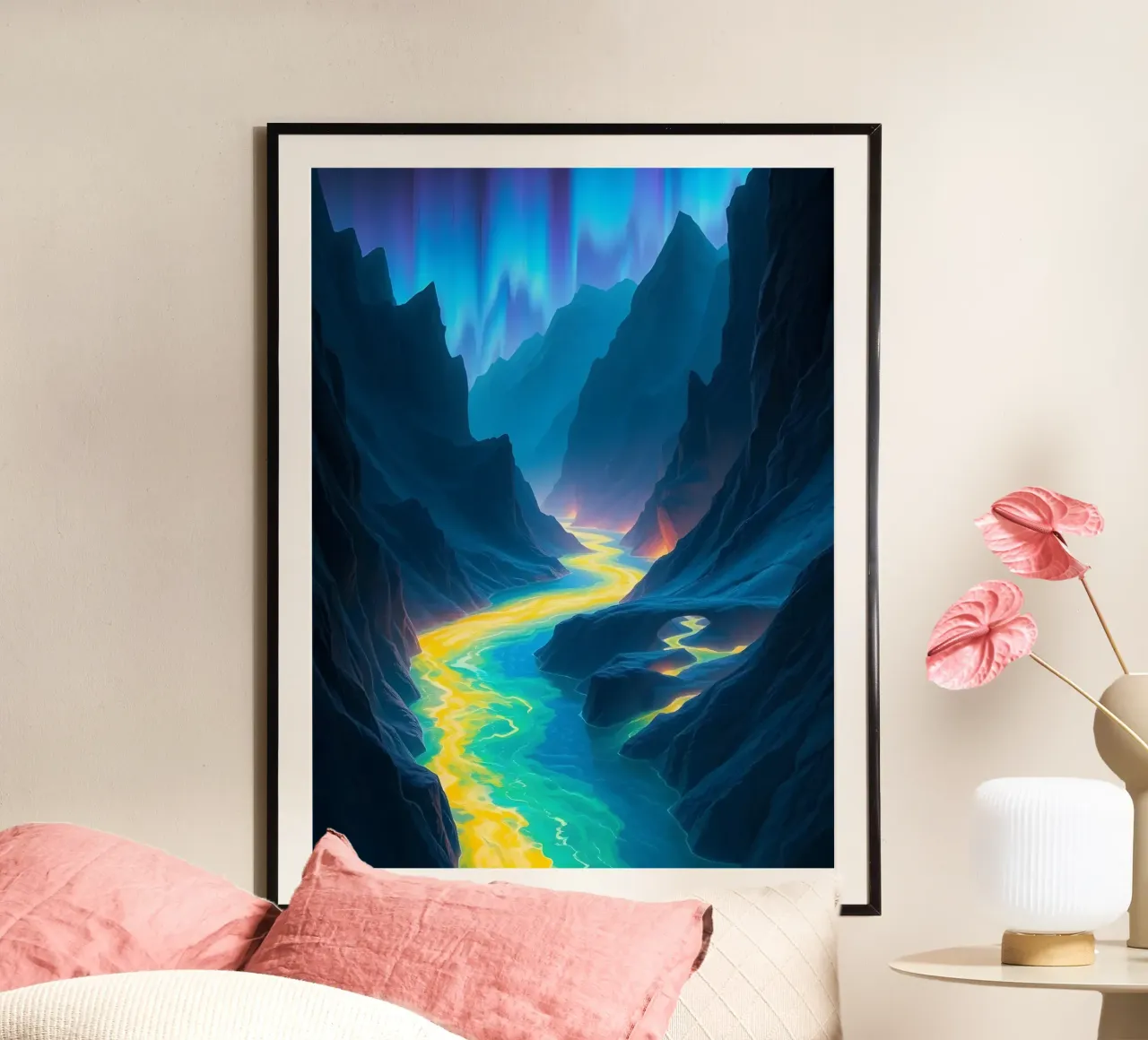 L'etereo Canyon dell'Aurora: Un fiume luminoso che si snoda attraverso Maj poster con telaio in plastica da Artistic-shop