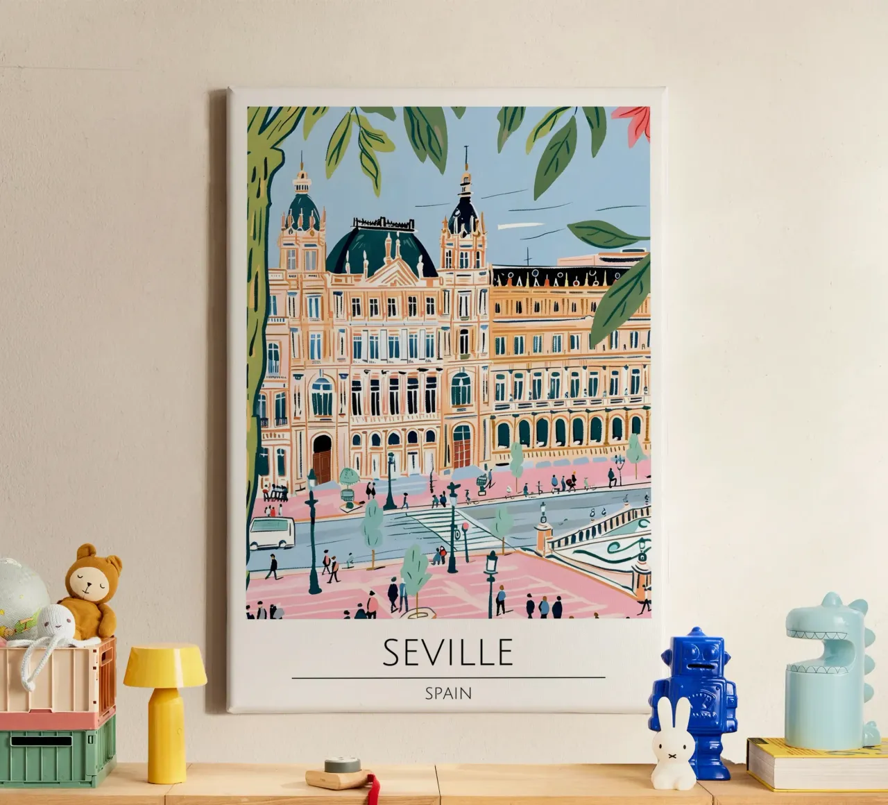Sevilla Plaza Pop Art Reisposter Spanje canvas met Baklijst van homdeco