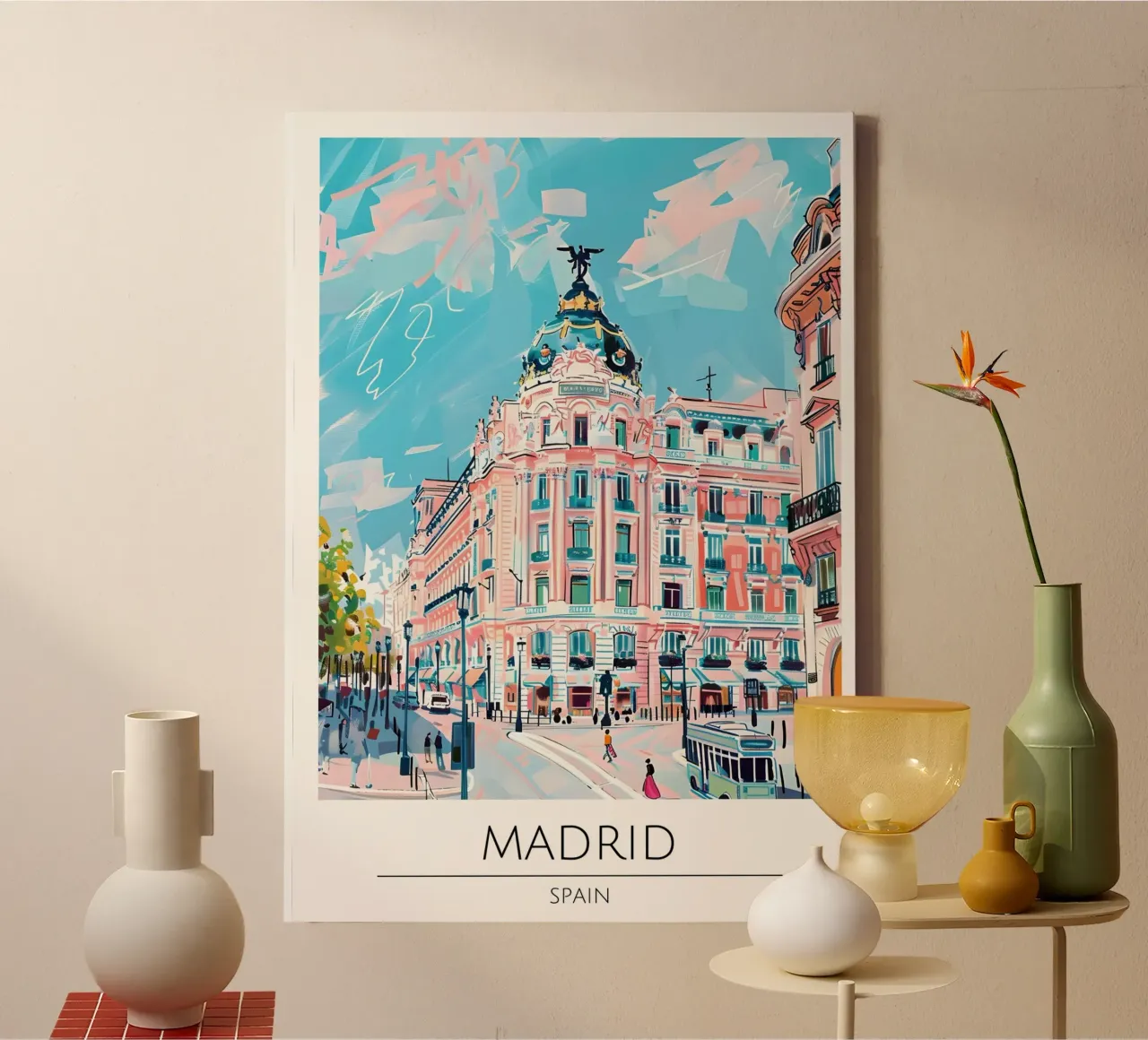 Madrid Metropolis Gebouw Pop Art Stadsgezicht canvas met Baklijst van homdeco
