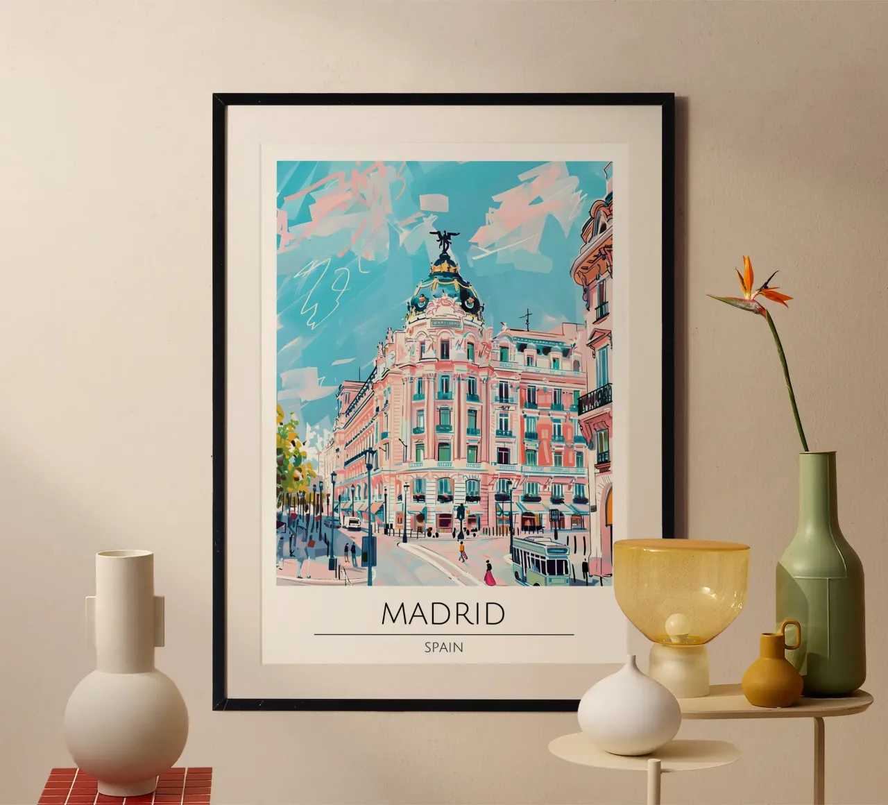 Madrid Metropolis Edificio Pop Art Cityscape poster con telaio in plastica da homdeco