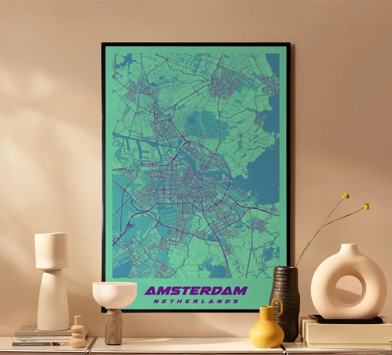 Stedelijk ontwerp: Amsterdam stadsplattegrond poster poster met kunststof frame van CityMapPoster