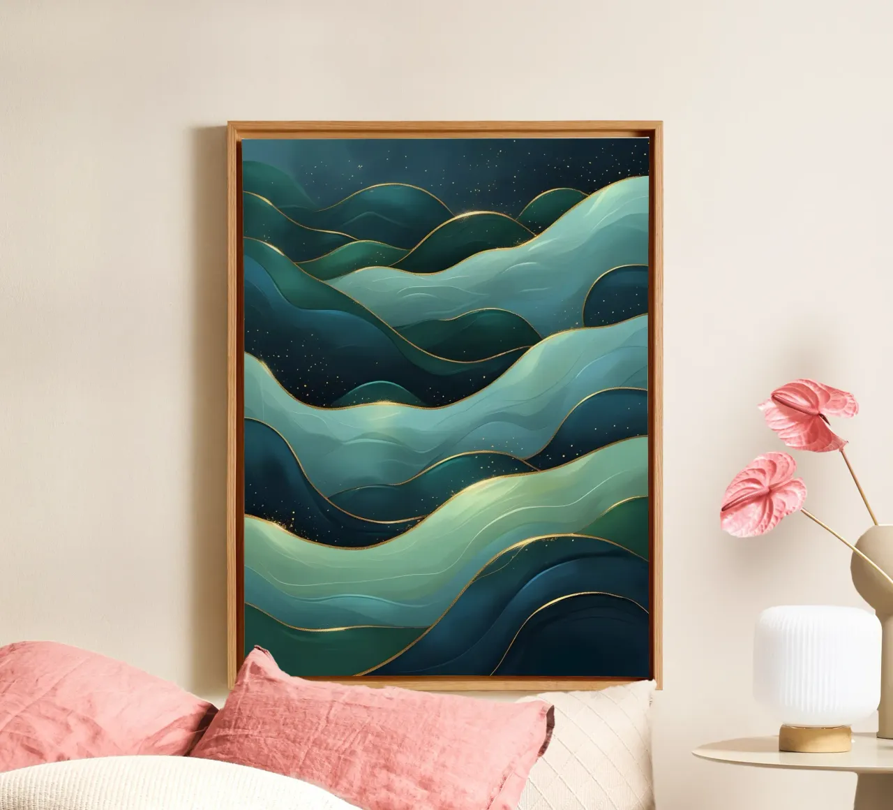 Regal Teal and Emerald Waves with Gilded Accents: An Abstrac canvas with Floater frame by Artistic-shop