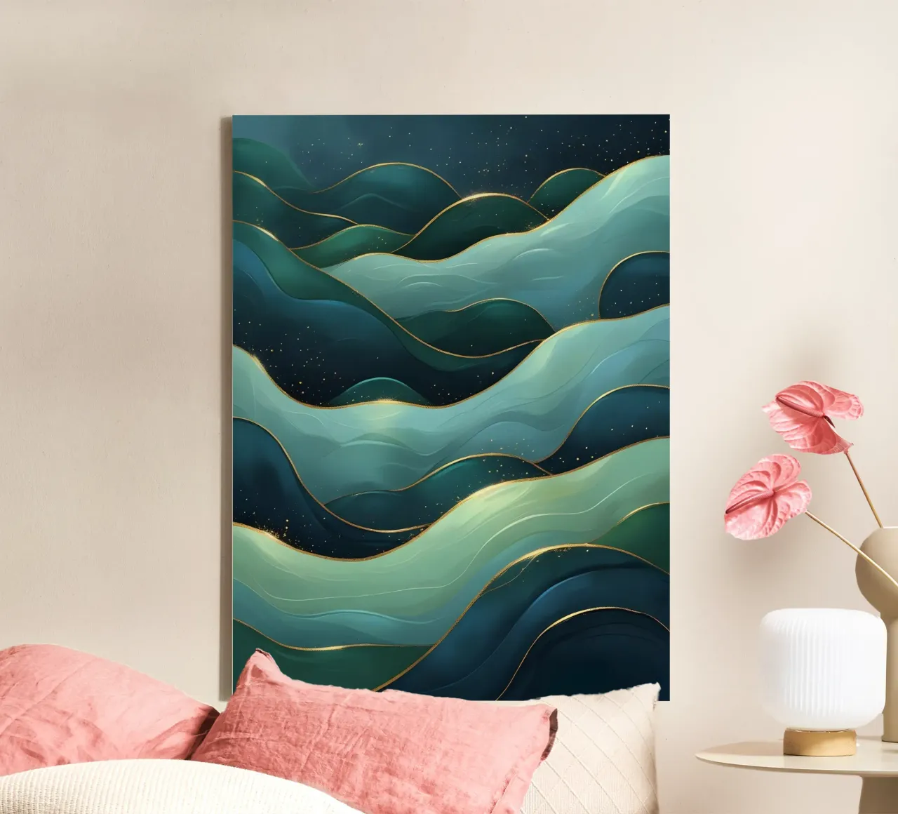 Regal Teal and Emerald Waves with Gilded Accents: An Abstrac canvas with Floater frame by Artistic-shop