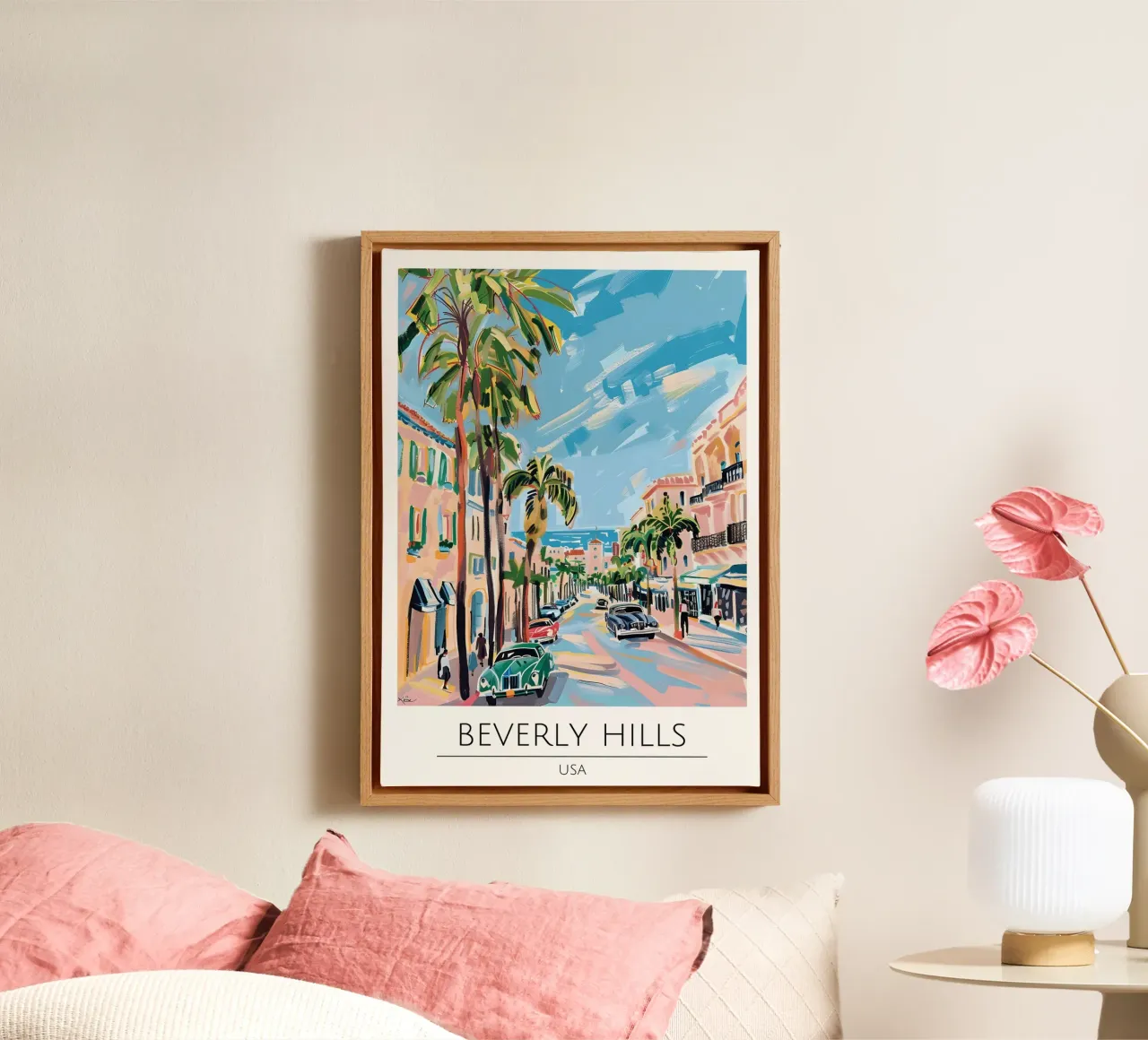 Beverly Hills Palm Tree Pop Art Stadtbild Leinwand mit Schattenfugenrahmen von homdeco
