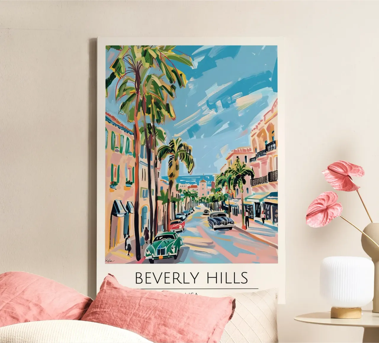 Beverly Hills Palm Tree Pop Art Stadtbild Leinwand mit Schattenfugenrahmen von homdeco