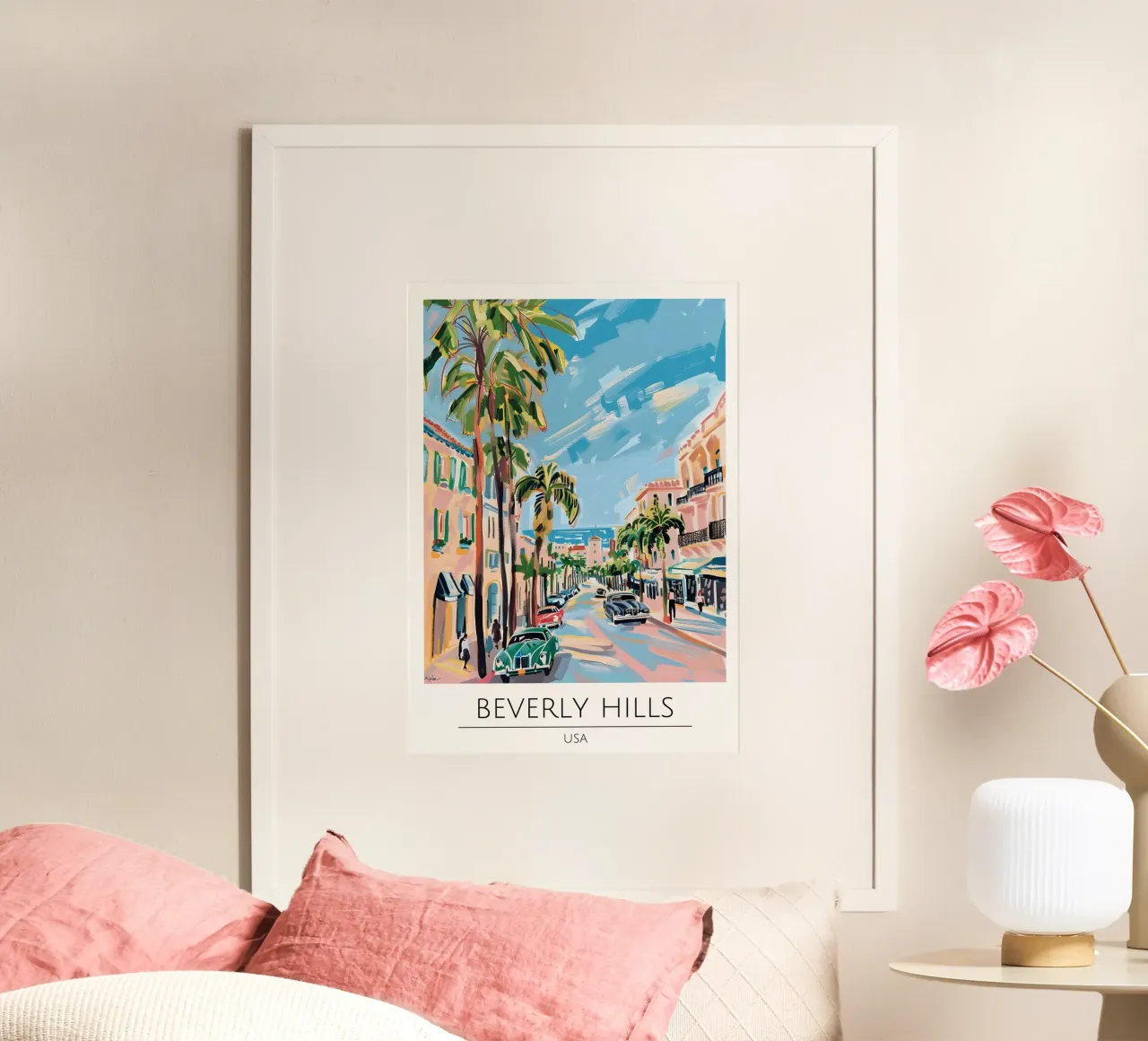 Palme di Beverly Hills - Paesaggio urbano pop art poster con telaio in plastica da homdeco