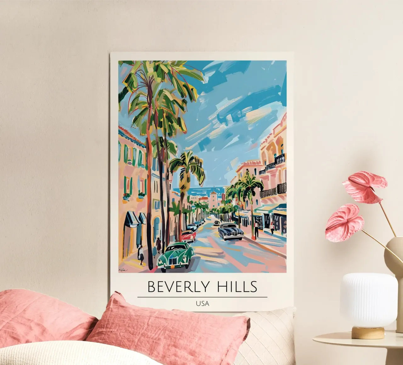 Palme di Beverly Hills - Paesaggio urbano pop art poster con telaio in plastica da homdeco