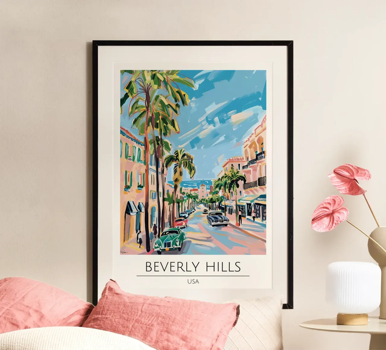 Palme di Beverly Hills - Paesaggio urbano pop art poster con telaio in plastica da homdeco