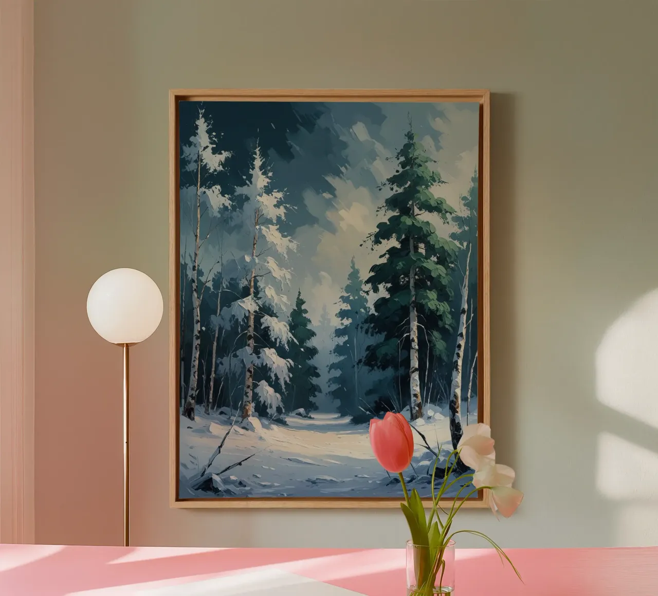 Sereen winterbos: Een symfonie van besneeuwde dennen en sneeuw. canvas met Baklijst van Artistic-shop