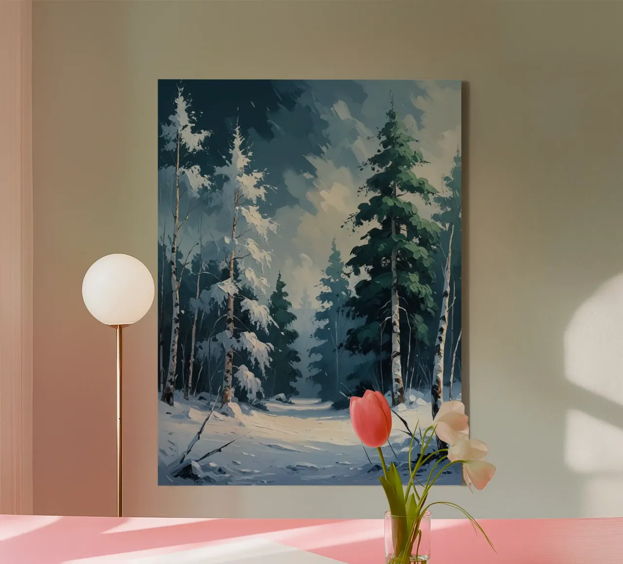 Sereen winterbos: Een symfonie van besneeuwde dennen en sneeuw. canvas met Baklijst van Artistic-shop