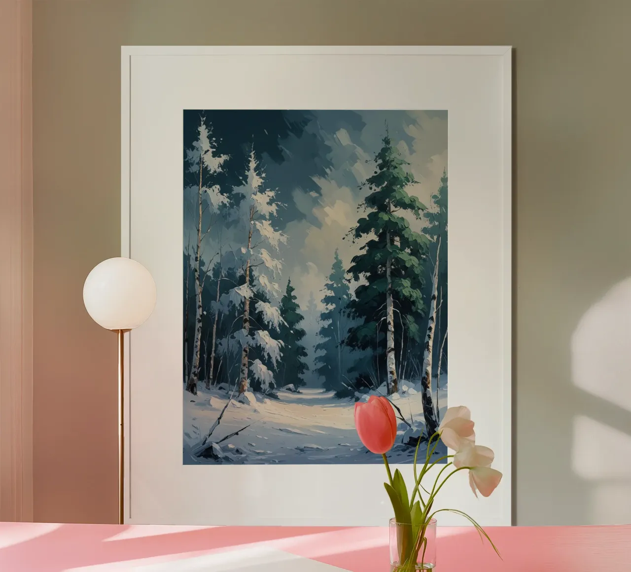 La serena foresta invernale: Una sinfonia di pini baciati dalla neve e di alberi da frutto. poster con telaio in legno da Artistic-shop