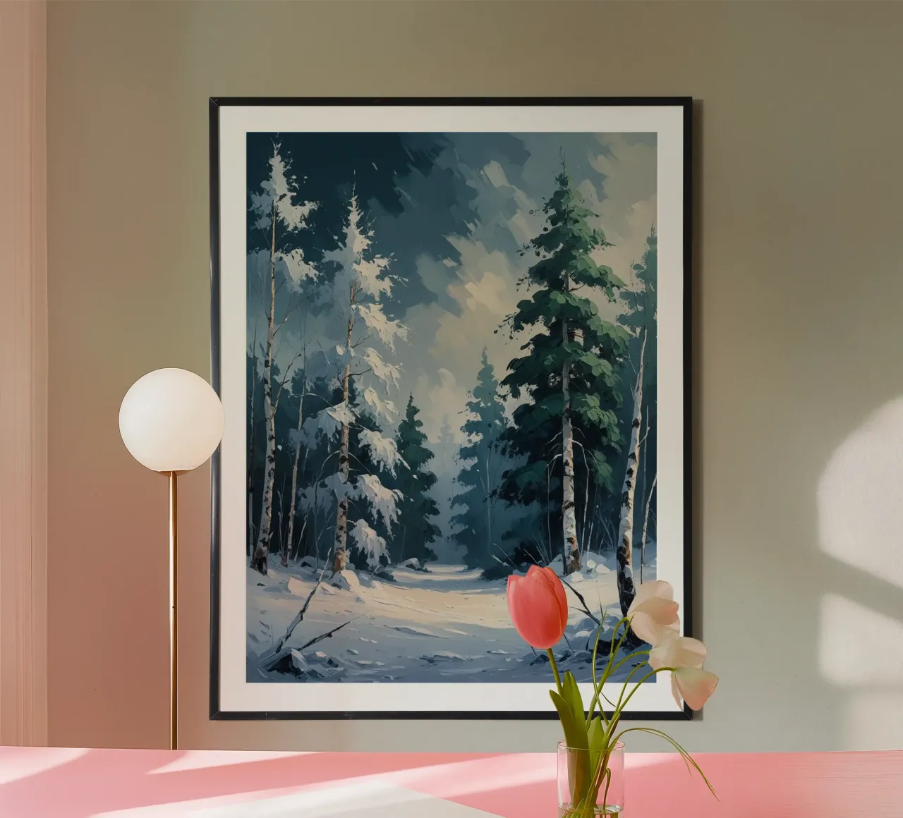 La serena foresta invernale: Una sinfonia di pini baciati dalla neve e di alberi da frutto. poster con telaio in legno da Artistic-shop