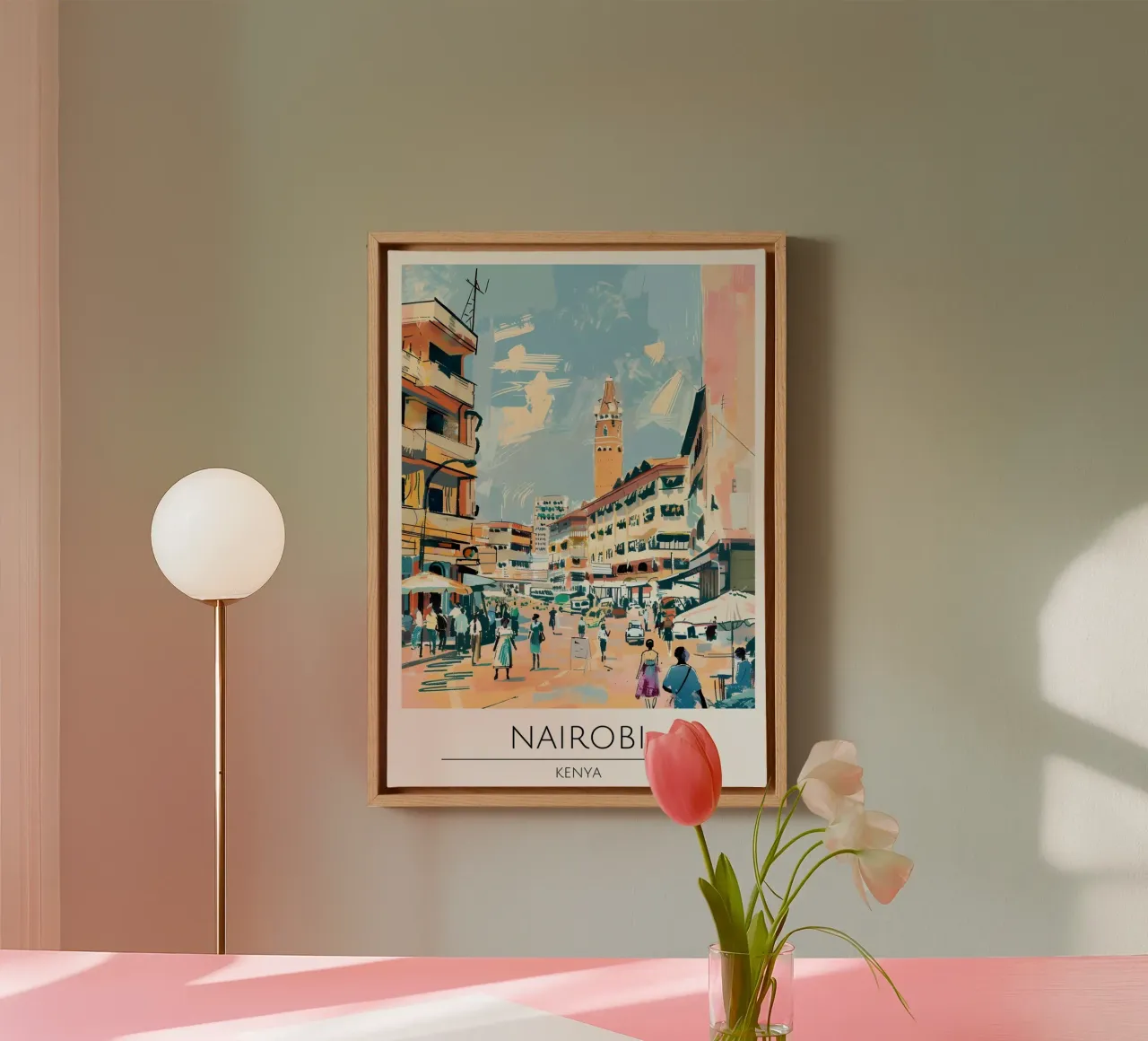 Nairobi Stadsgezicht Pop Art Reis Poster Kenia canvas met Baklijst van homdeco