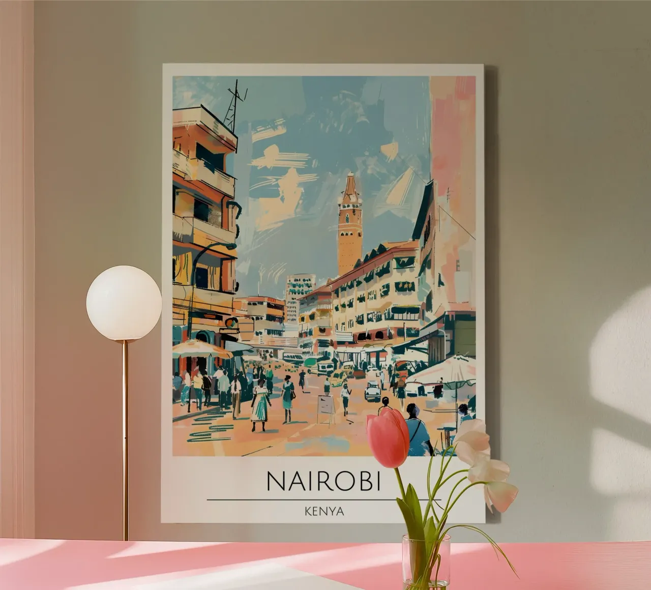Nairobi Stadsgezicht Pop Art Reis Poster Kenia canvas met Baklijst van homdeco