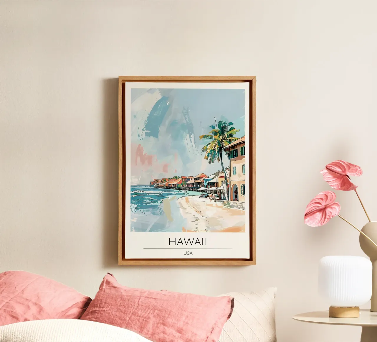 Hawaii Strand Pop Art Kust Reis Poster canvas met Baklijst van homdeco